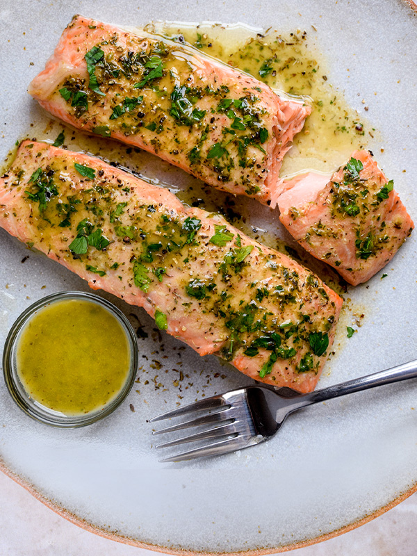 <p style="padding-left: 15px; padding-right:15px">“Thanks to you I'm incorporating more fish into my diet - and actually enjoying it!”</p>
</br>
<span style="font-weight: bold">David P.</span>
<p>Herb Roasted Salmon</p>